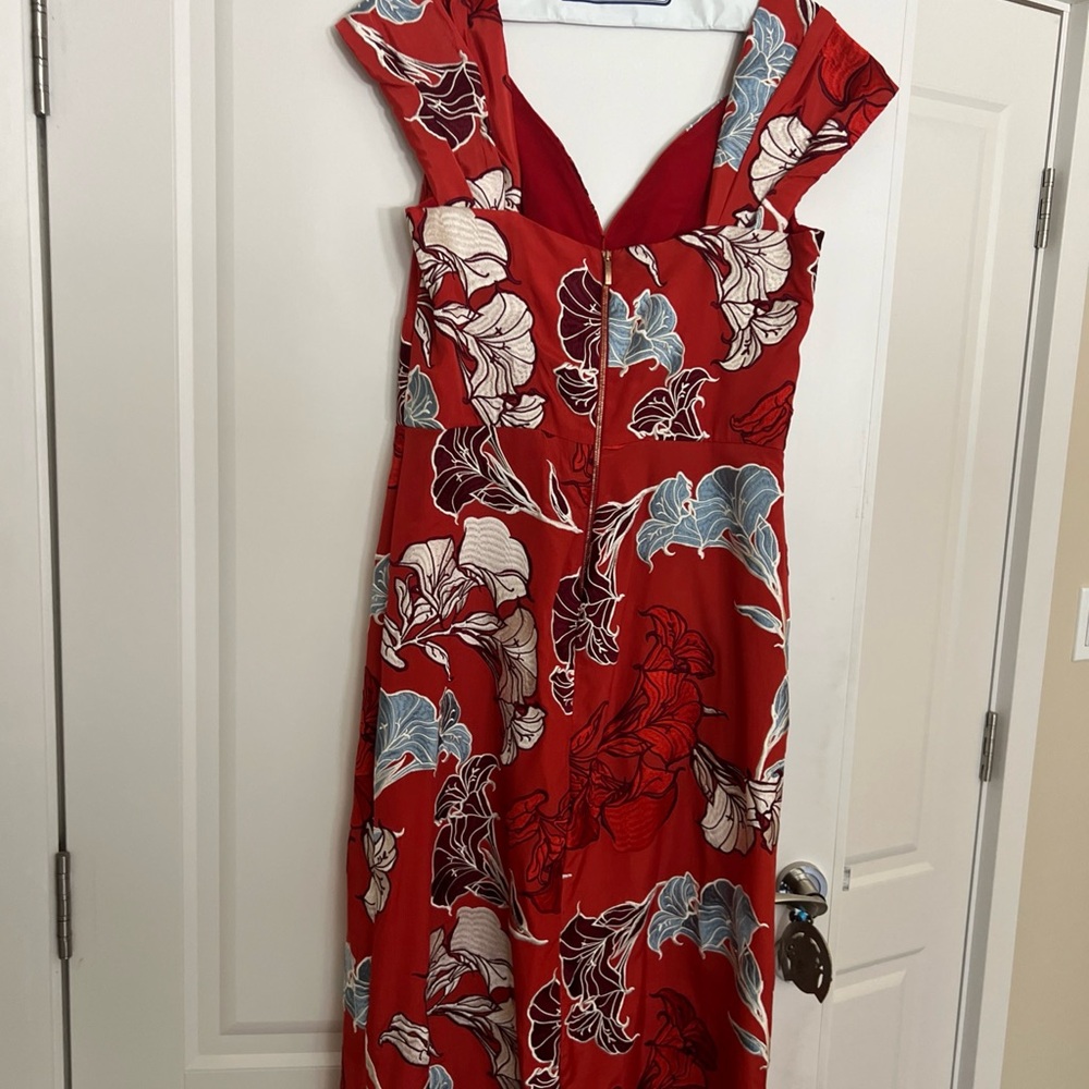Johanna Ortiz Red and White Flutter Sleeve Maxi Dress